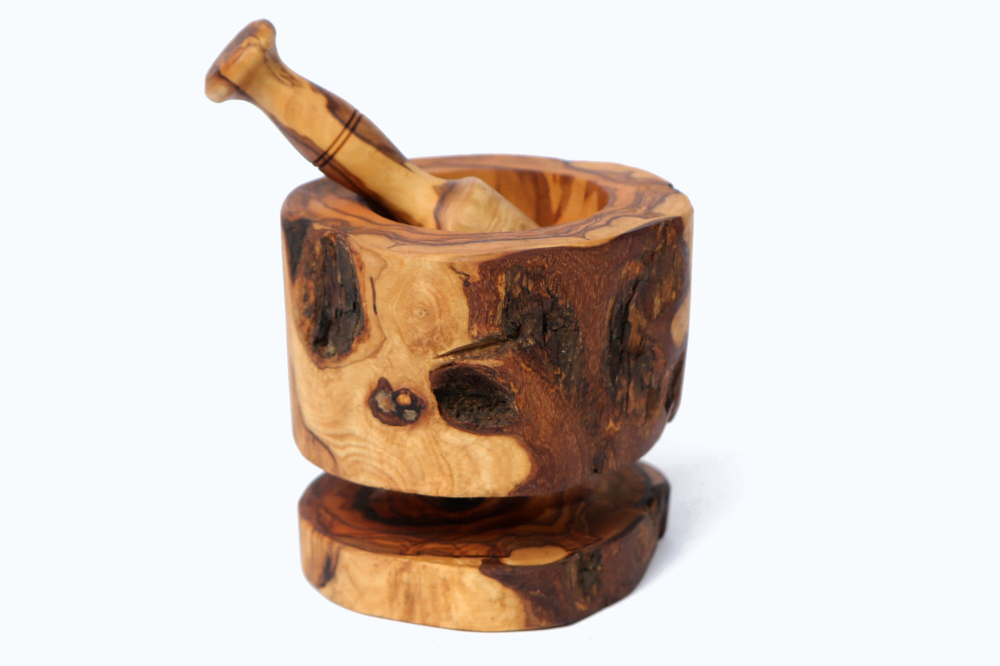 Olive Wood Rustic Mortar & Pestle with Support 13 cm, pestle and mortar, grinding, crushing, gift, christmas