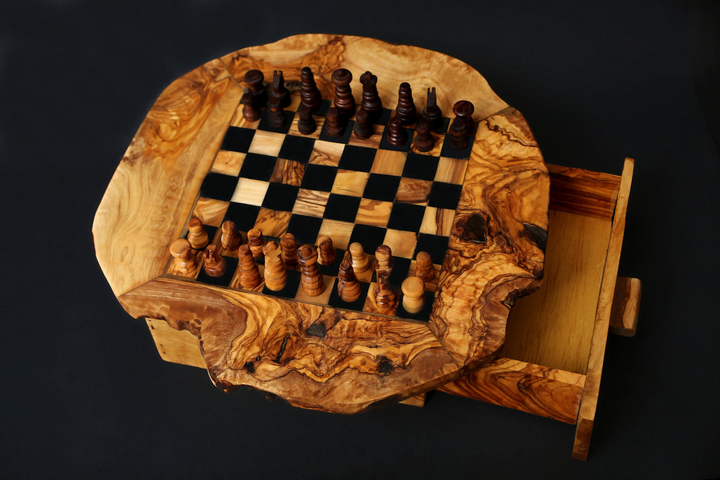 Olive Wood Chess Board with One Drawer 33 * 33 cm, gift, gift for him, birthday gift, chess lovers, chess set with chess pieces
