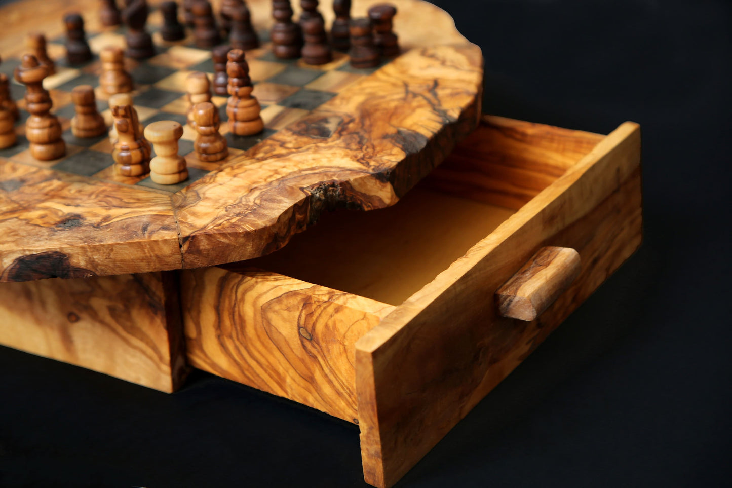 Olive Wood Chess Board with One Drawer 33 * 33 cm, gift, gift for him, birthday gift, chess lovers, chess set with chess pieces