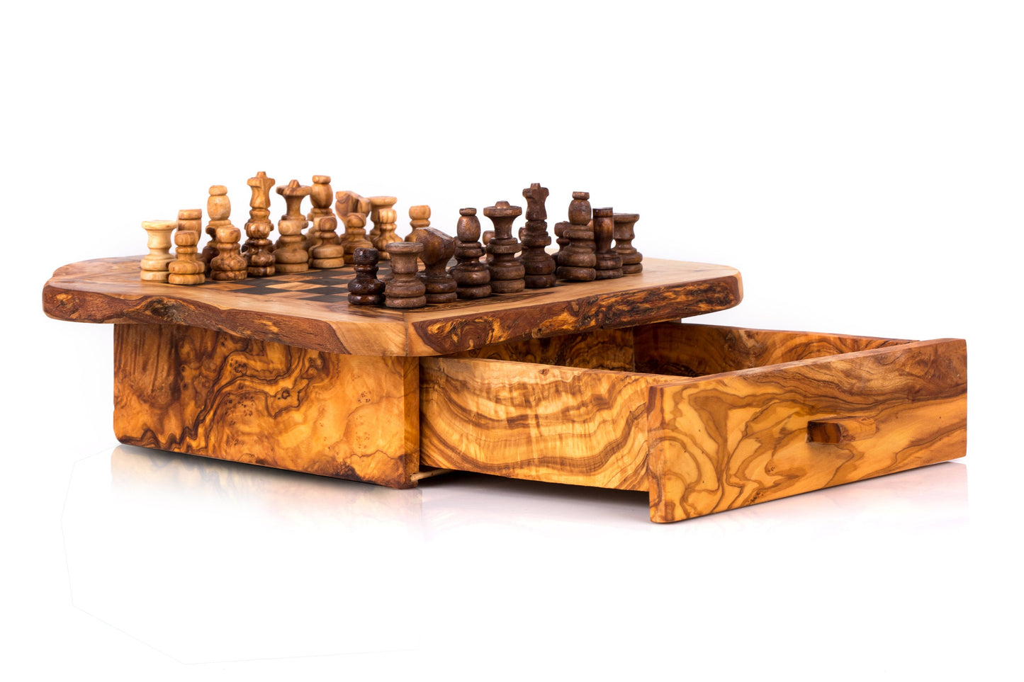 Olive Wood Chess Board with One Drawer 33 * 33 cm, gift, gift for him, birthday gift, chess lovers, chess set with chess pieces