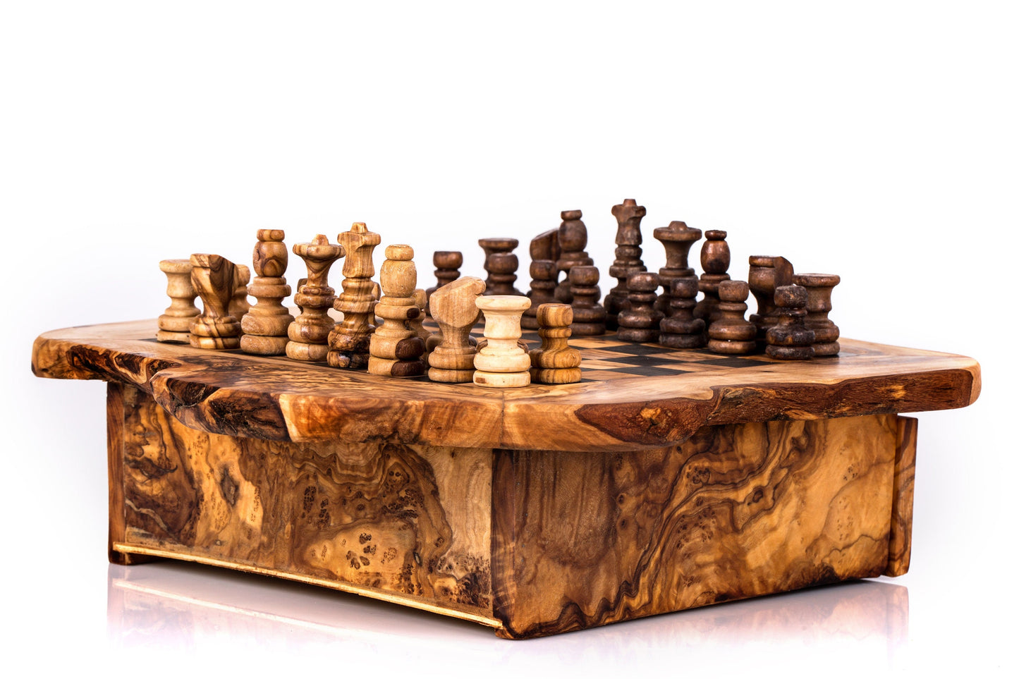 Olive Wood Chess Board with One Drawer 33 * 33 cm, gift, gift for him, birthday gift, chess lovers, chess set with chess pieces