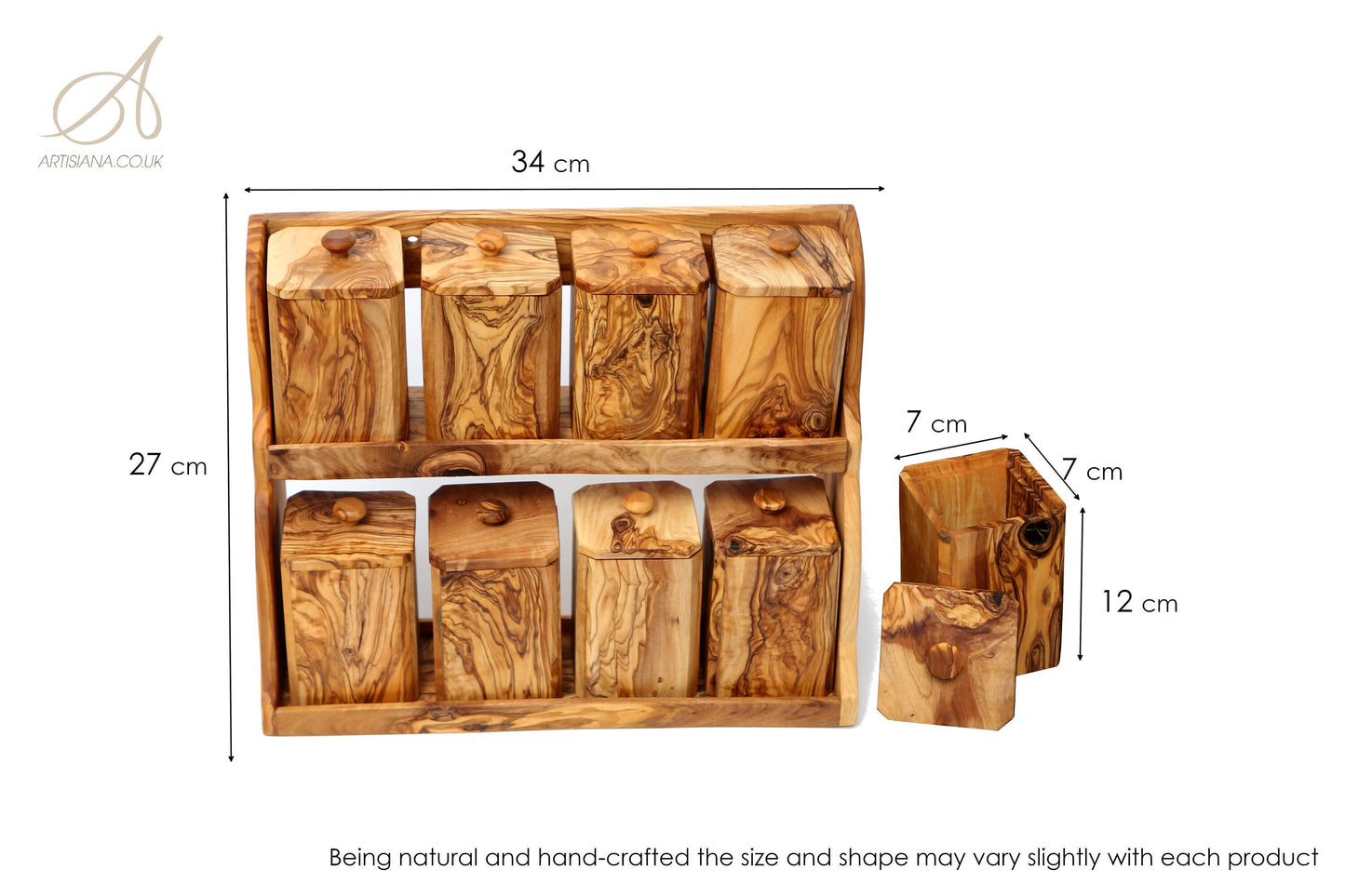 Olive Wood Spice Rack with 8 Bottles and spoons, spice boxes , natural, Sustainably Sourced,Eco-Friendly, handmade, gift