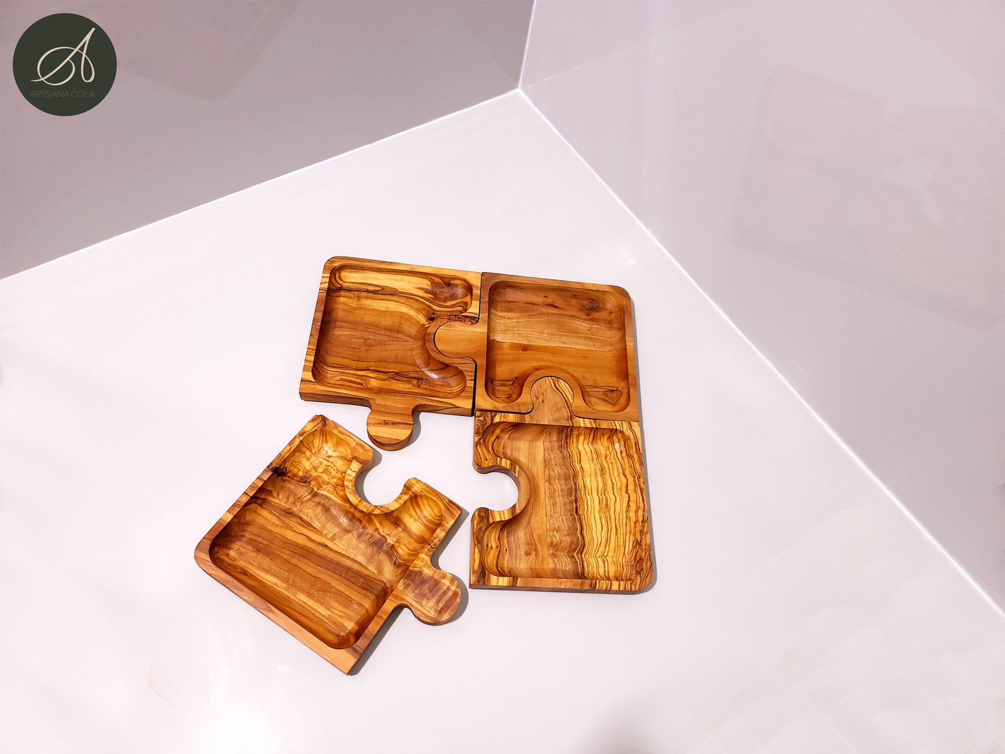 Olive wood puzzle shaped dish , set of 4 dishes, jigsaw shaped pieces, wooden dishes, kitchen, party, restaurant, gift, handmade
