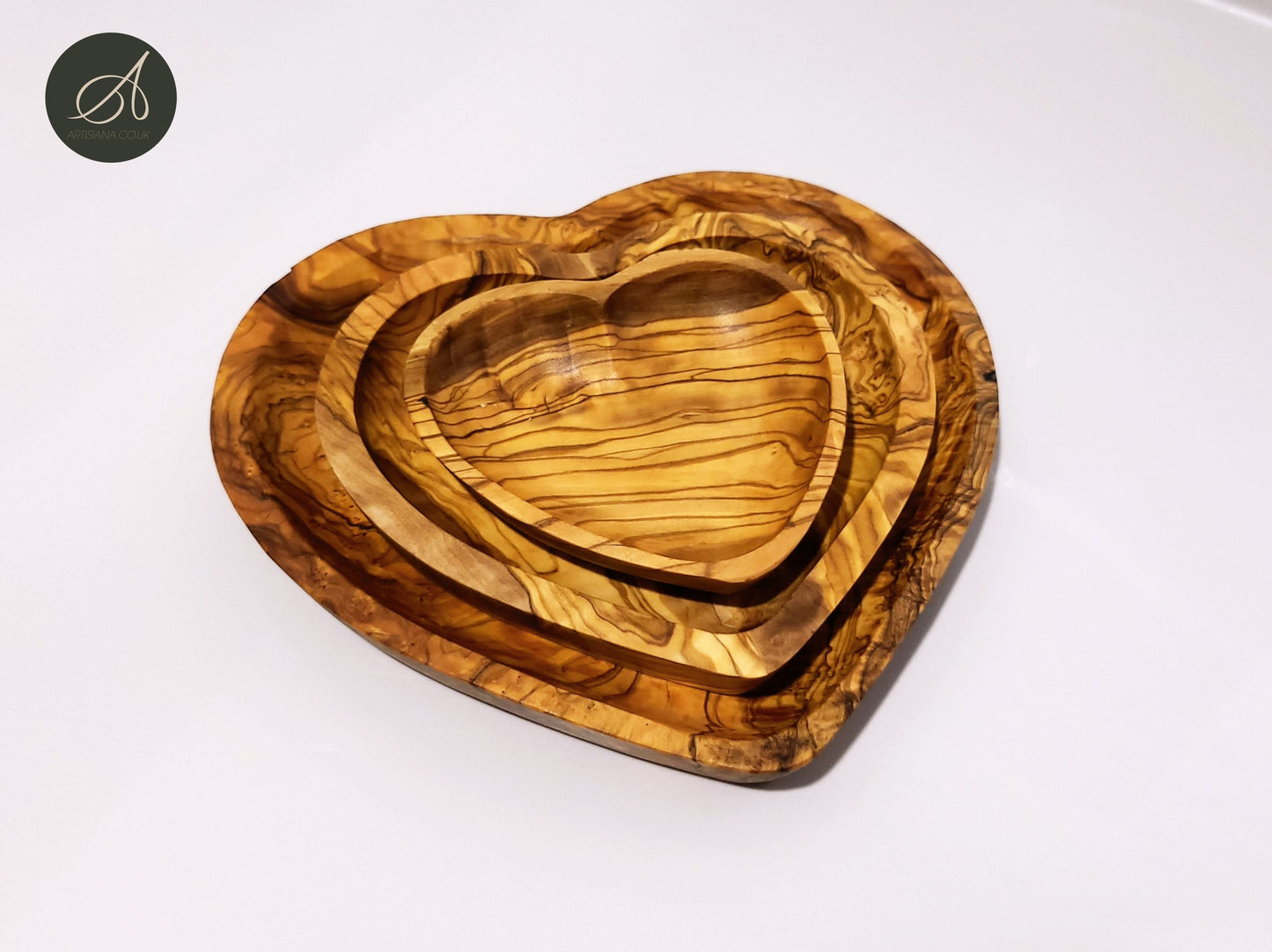 Set Of 3 Handcrafted Olive Wood Wooden Heart Shaped Side Dishes For Nuts, Condiments, Side Salads etc. Romantic Gift Idea