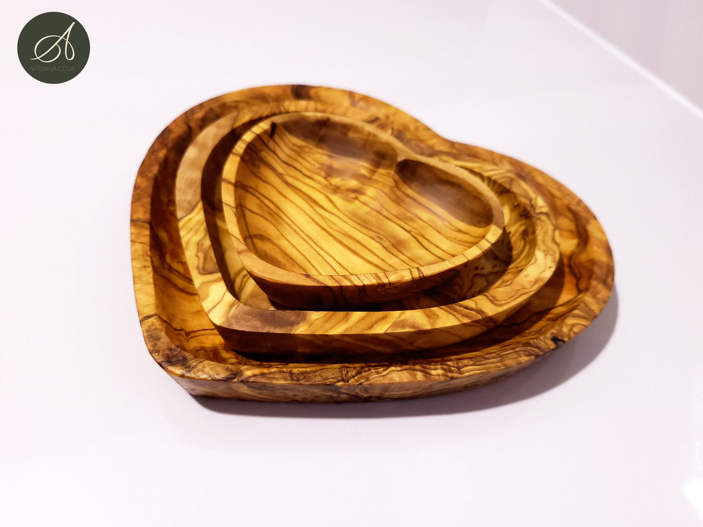 Set Of 3 Handcrafted Olive Wood Wooden Heart Shaped Side Dishes For Nuts, Condiments, Side Salads etc. Romantic Gift Idea