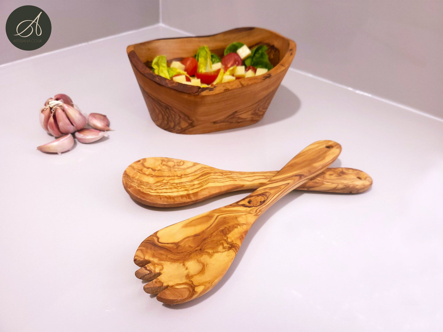 kitchen set, Set of olive wood hand carved Bowl and a cutlery, salad server, salad bowl, rustic handmade, decor, gift