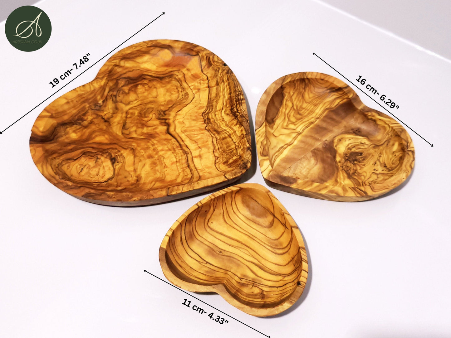 Set Of 3 Handcrafted Olive Wood Wooden Heart Shaped Side Dishes For Nuts, Condiments, Side Salads etc. Romantic Gift Idea