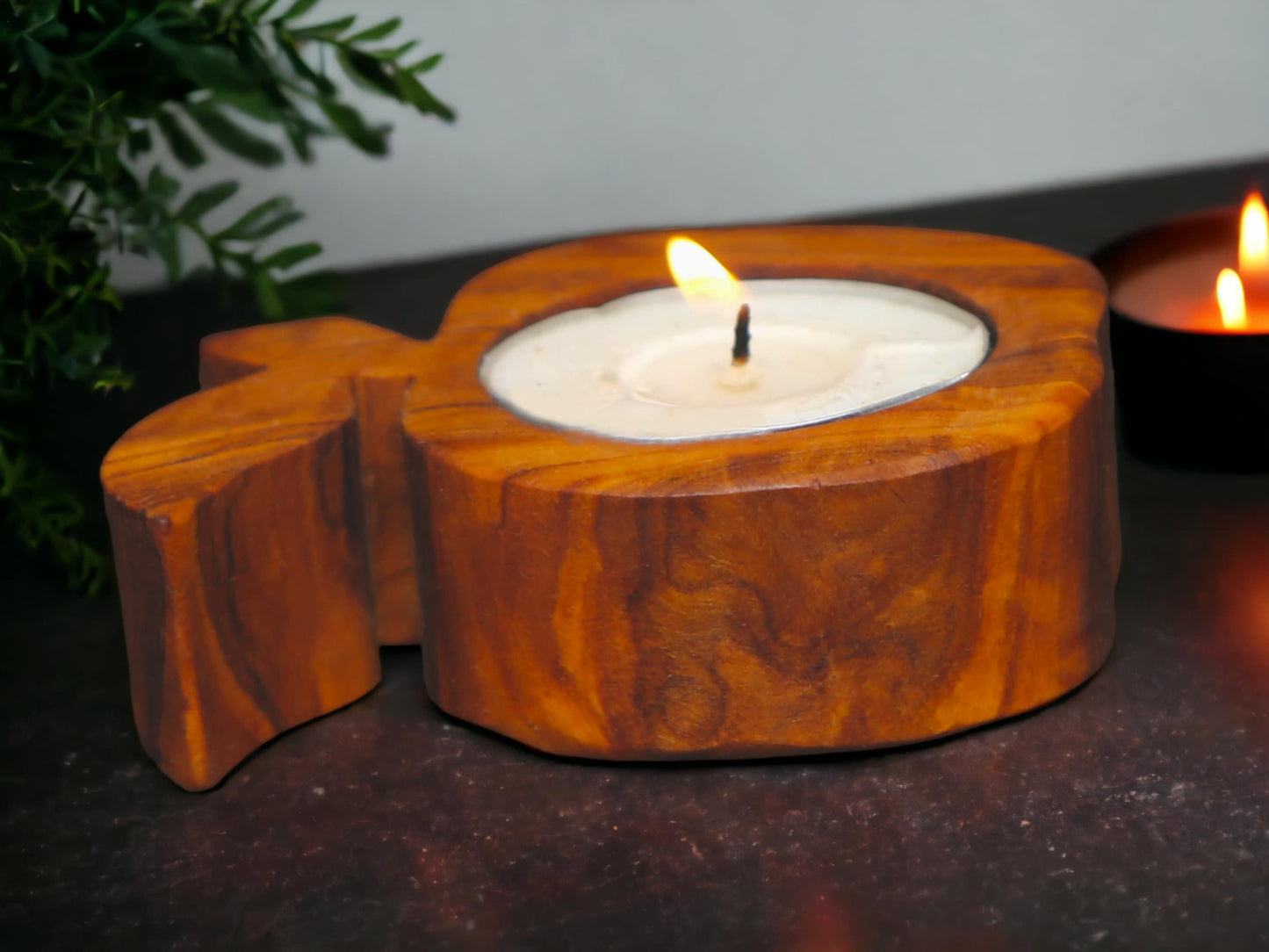 Olive Wood Apple Shaped Candle Holder 8 cm, decor, gift