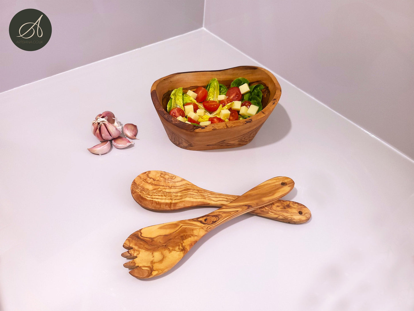 kitchen set, Set of olive wood hand carved Bowl and a cutlery, salad server, salad bowl, rustic handmade, decor, gift