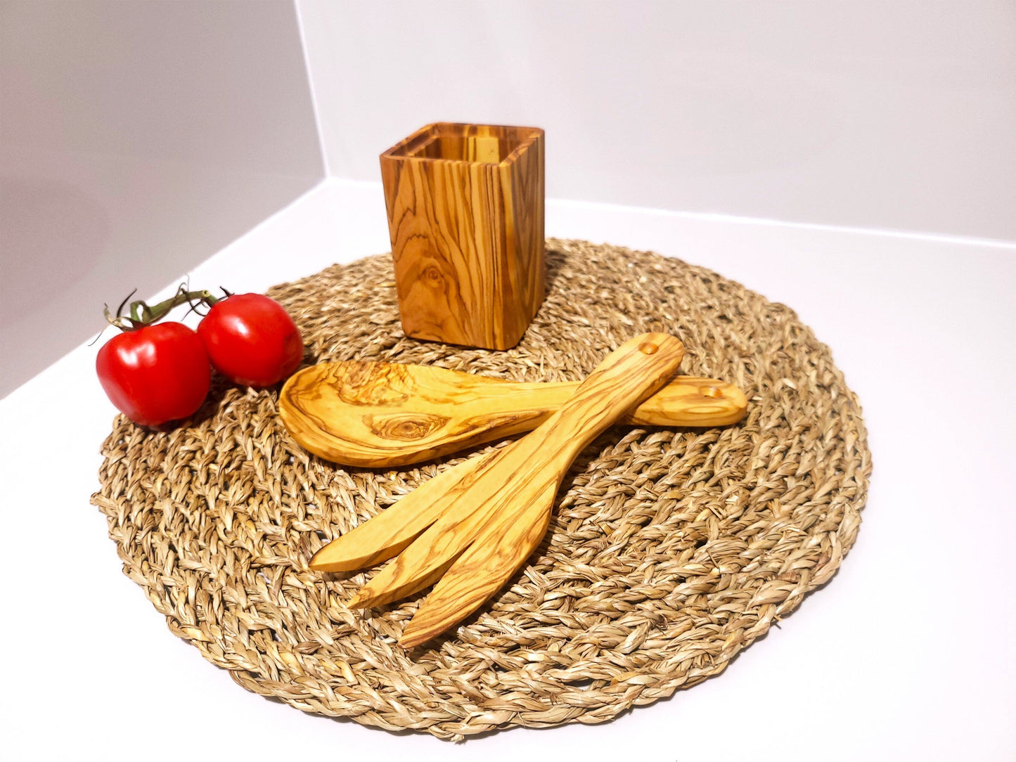 Wooden Set of cutlery and Utensil Holder, Olive Wood salad server with holder, Kitchen Utensils, spoon, fork, cutlery, handmade, gift