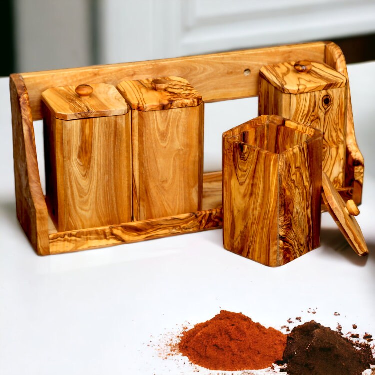 Olive Wood Spice Rack with 8 Bottles and spoons, spice boxes , natural, Sustainably Sourced,Eco-Friendly, handmade, gift