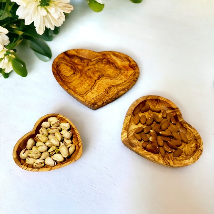 Set Of 3 Handcrafted Olive Wood Wooden Heart Shaped Side Dishes For Nuts, Condiments, Side Salads etc. Romantic Gift Idea