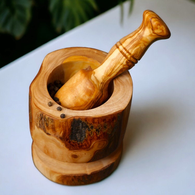 Olive Wood Rustic Mortar & Pestle with Support 10 cm, pestle and mortar, gift for parents, gift, christmas gift, wedding gift