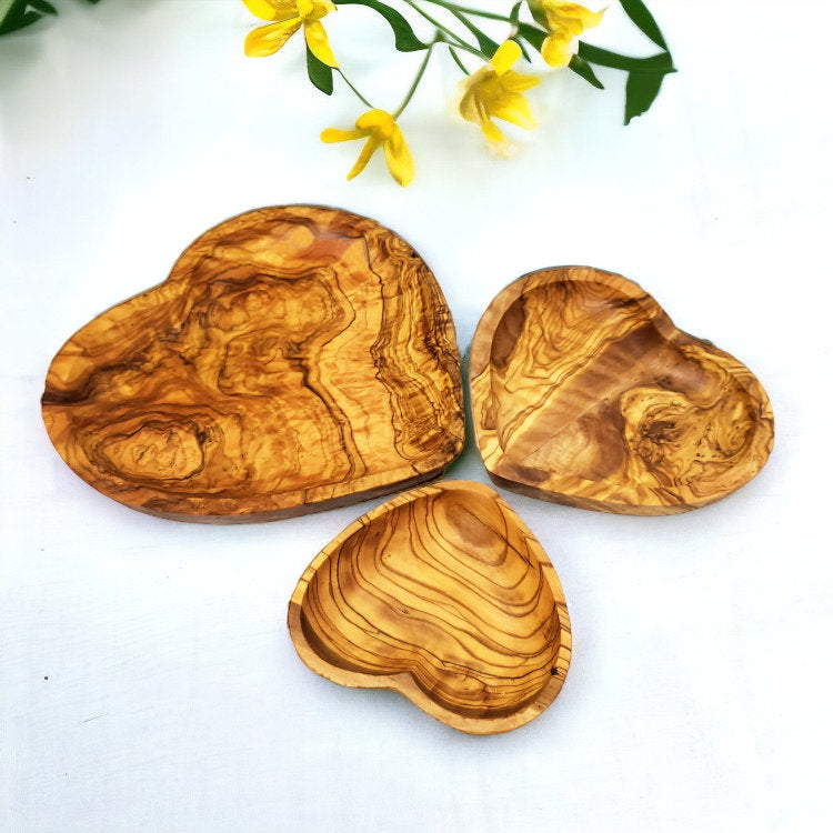 Set Of 3 Handcrafted Olive Wood Wooden Heart Shaped Side Dishes For Nuts, Condiments, Side Salads etc. Romantic Gift Idea