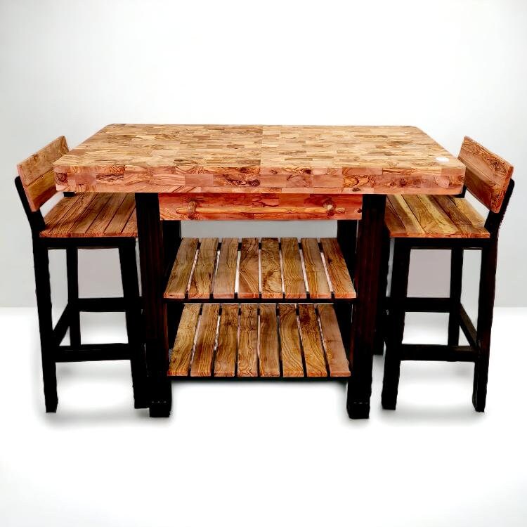 Butcher Block Scratchproof Kitchen Dining Table & 2 Chairs Set With Storage Draws Shelves