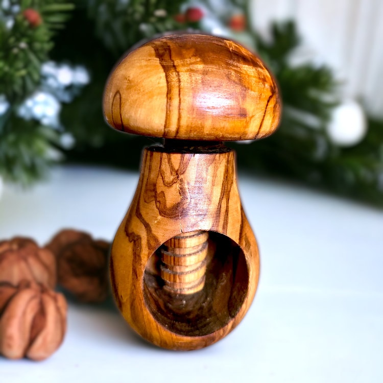 thumbnail image 2 of Handmade Wooden Mushroom Nutcracker - Small, Natural Wood, Multicolored 2 of 6