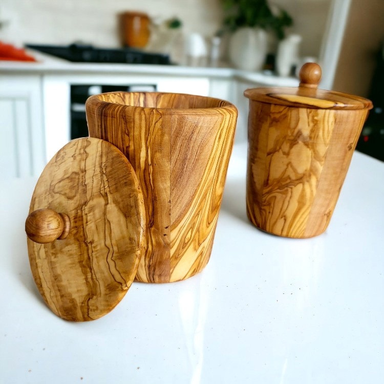 Olive Wood Wooden Spice Rack With 3 Containers & Lids