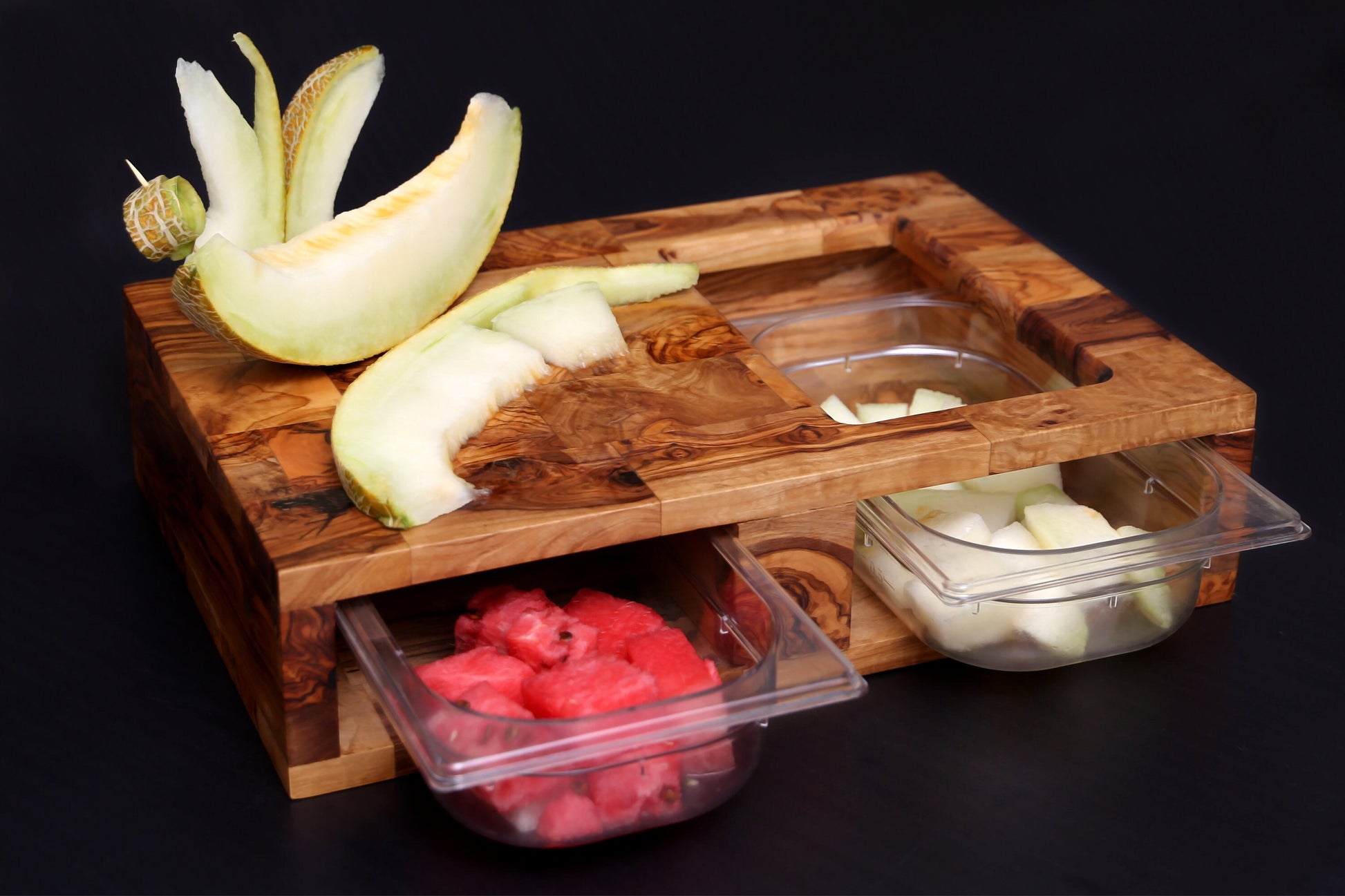 Olive Wood End Grain Cutting Board with 2 Containers 42 cm, cooking, kitchen, restaurant, natural, handmade, decor, chef, parents, gift