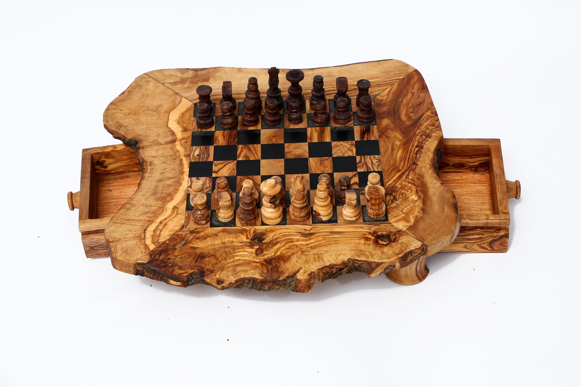 Olive Wood Chess Board with Two Drawers, gift, gift for him, birthday gift, chess lovers, chess set, chess set with chess pieces