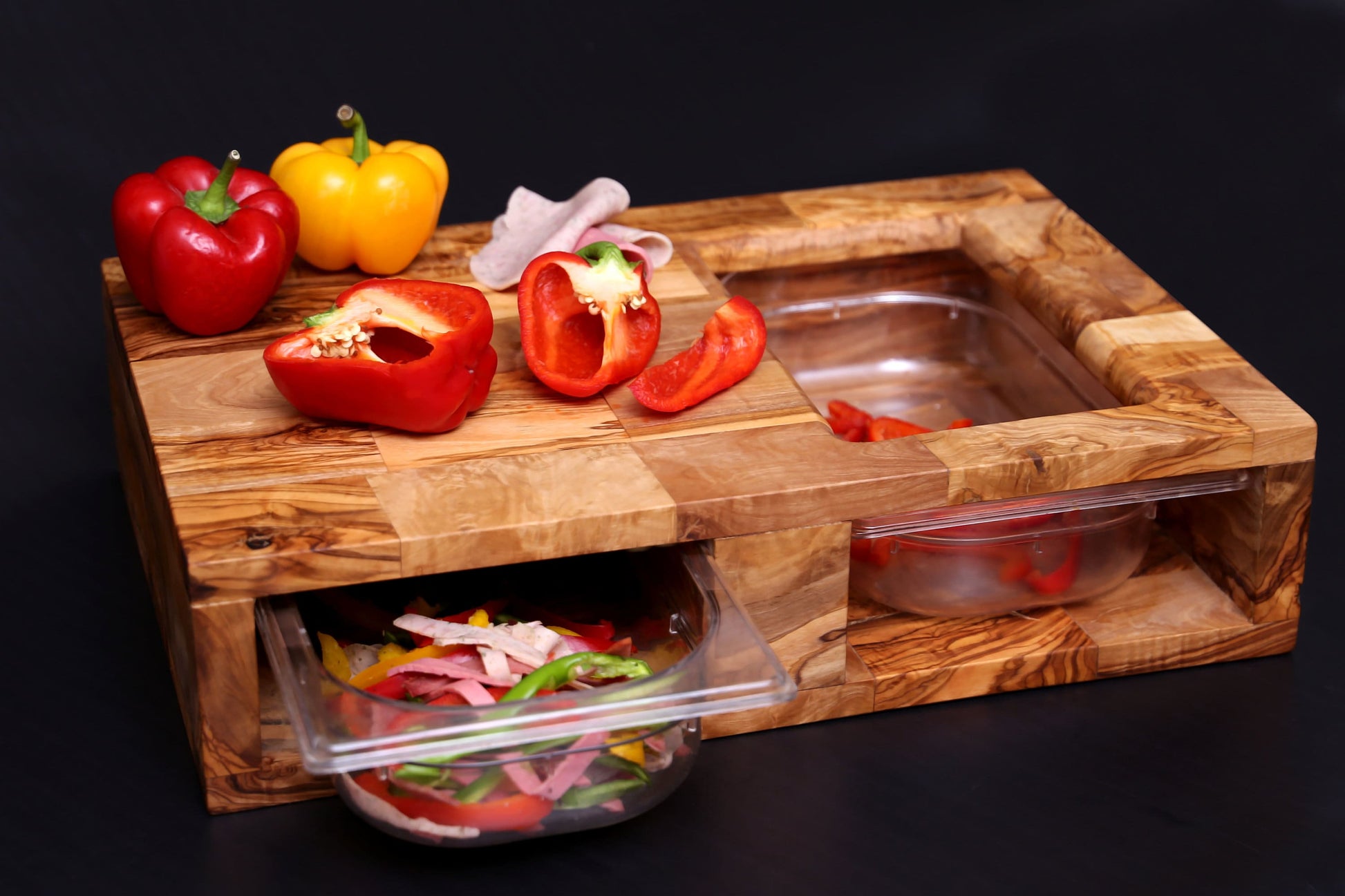 Olive Wood End Grain Cutting Board with 2 Containers 42 cm, cooking, kitchen, restaurant, natural, handmade, decor, chef, parents, gift