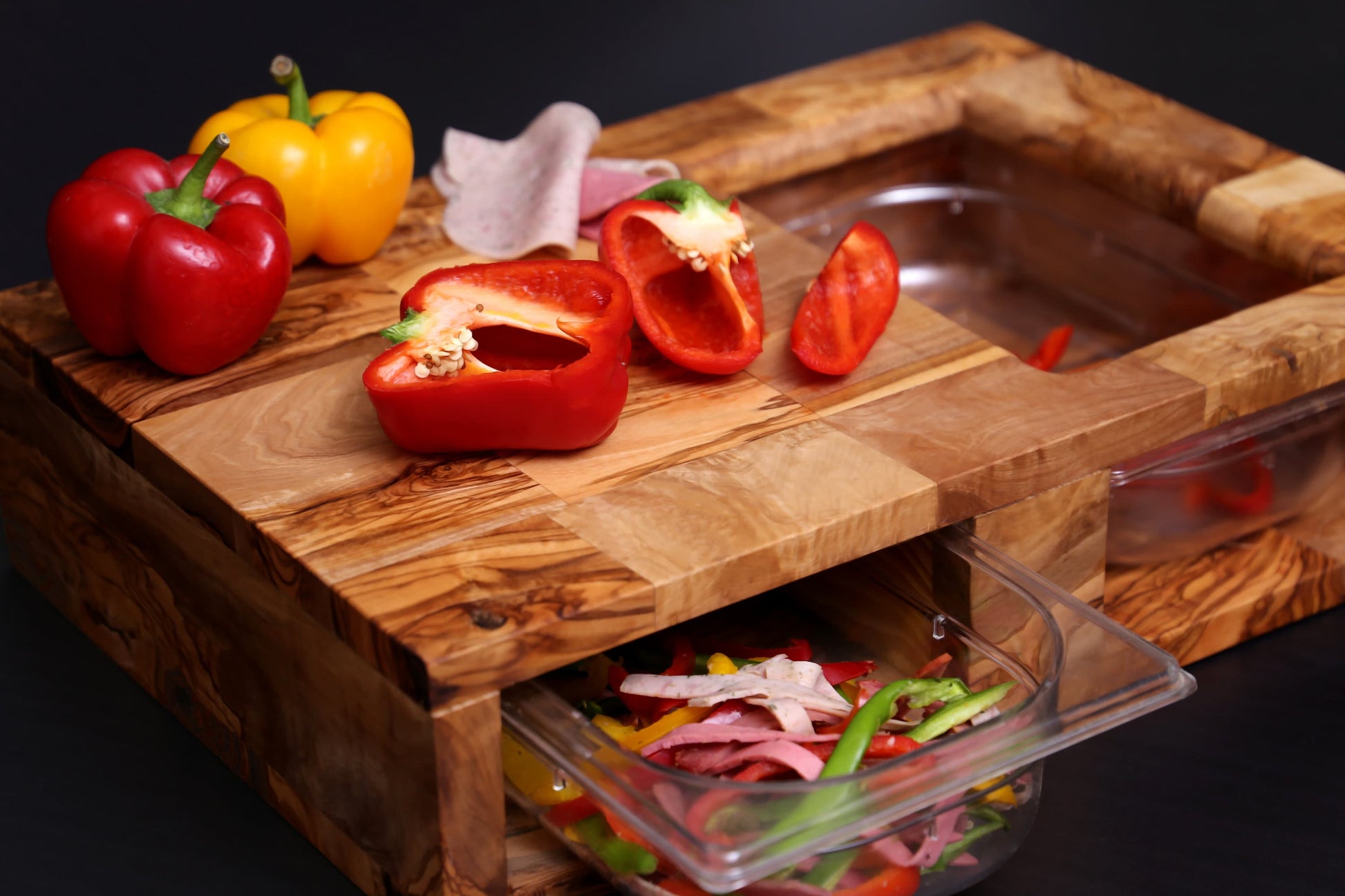 Olive Wood End Grain Cutting Board with 2 Containers 42 cm, cooking, kitchen, restaurant, natural, handmade, decor, chef, parents, gift