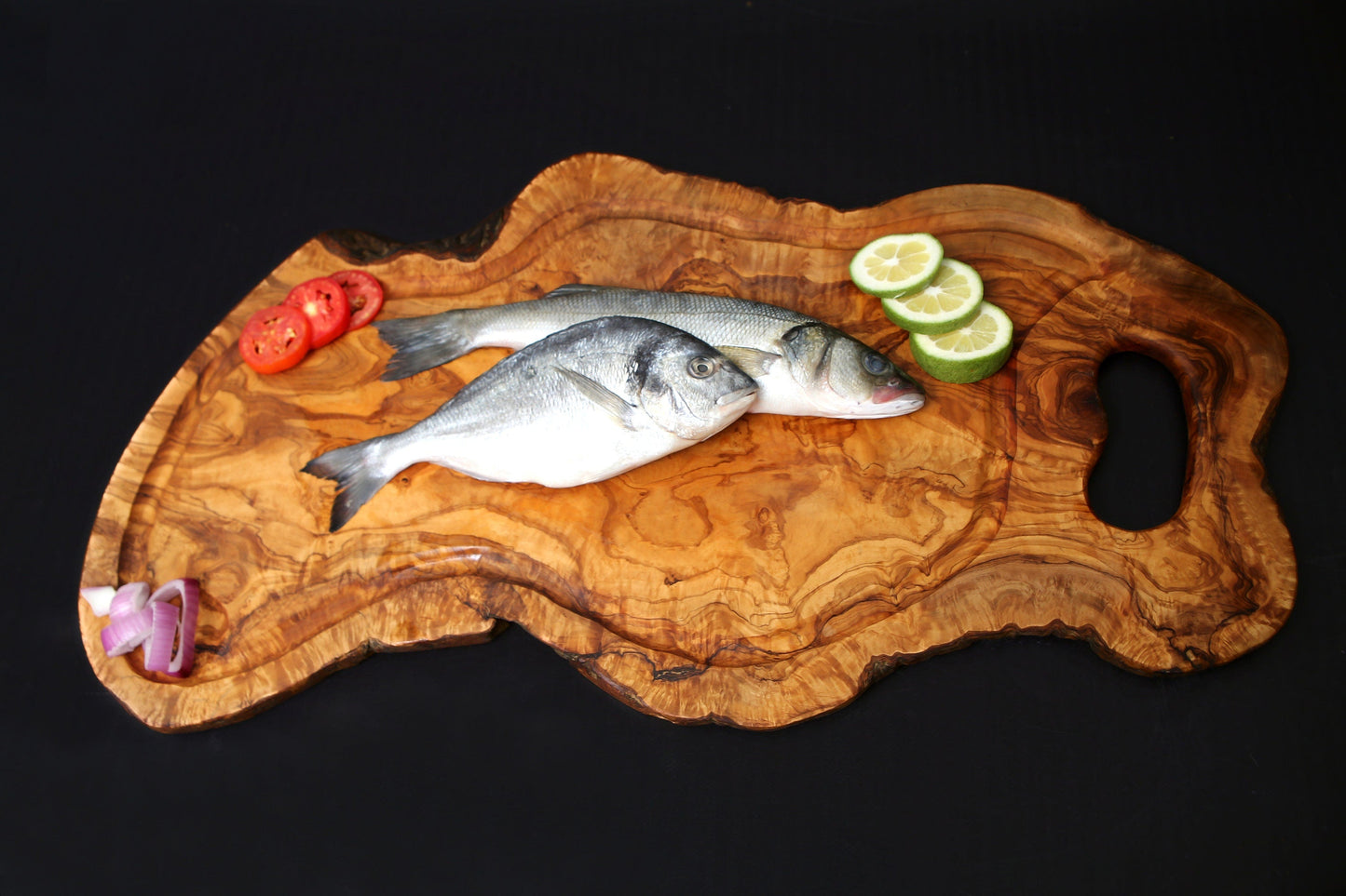 Olive Wood Large Solid Irregular Shape Cutting Board with Handle and Groove | 40 - 70cm