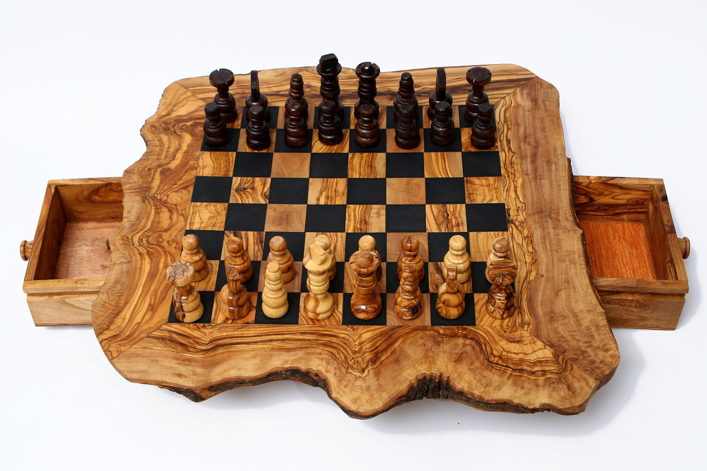 Olive Wood Chess Board with Two Drawers, gift, gift for him, birthday gift, chess lovers, chess set, chess set with chess pieces