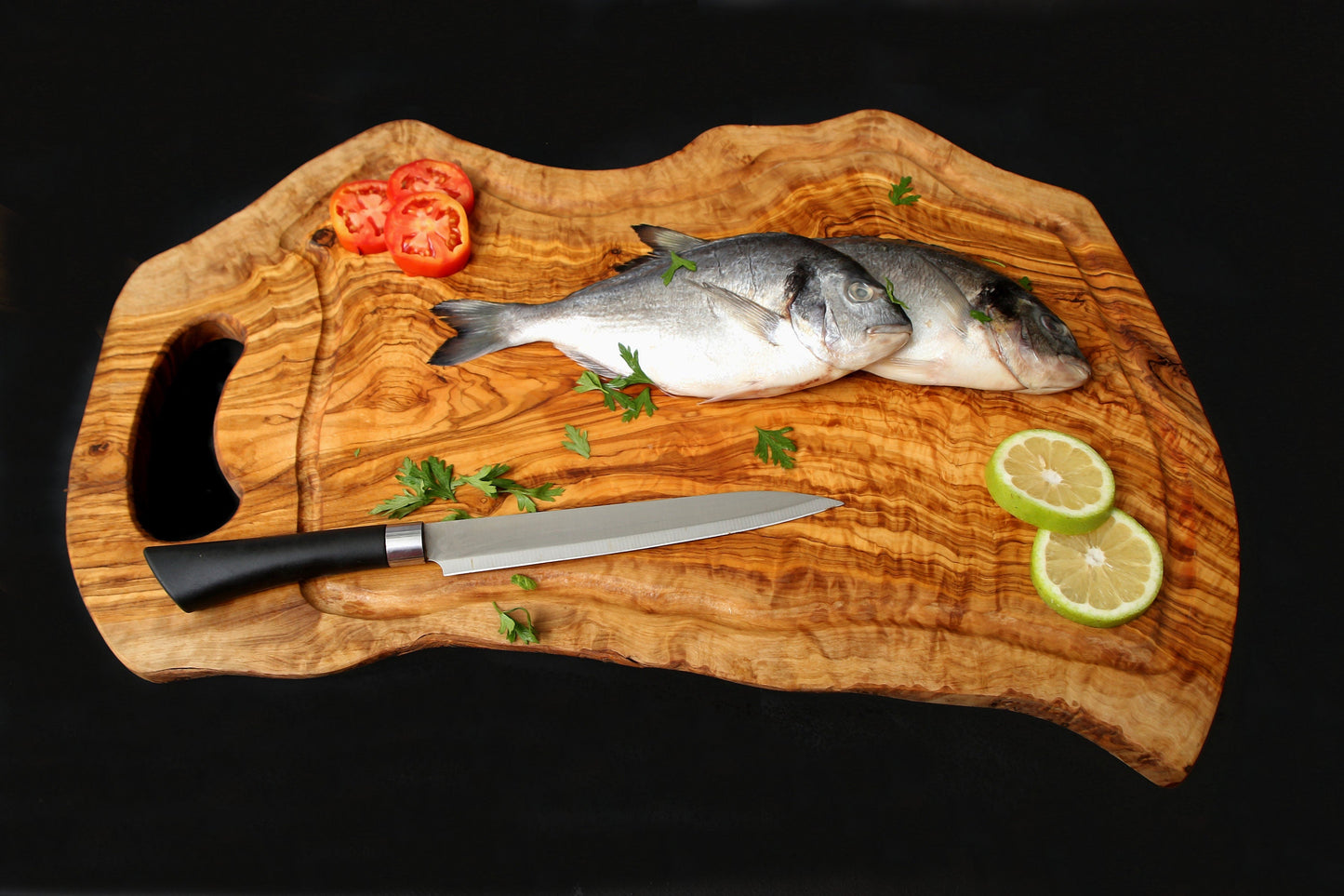 Olive Wood Large Solid Irregular Shape Cutting Board with Handle and Groove | 40 - 70cm