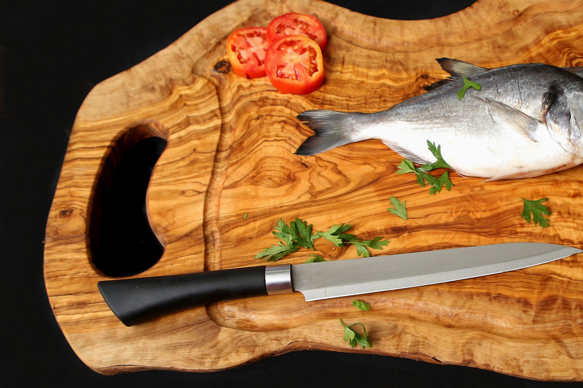 Olive Wood Large Solid Irregular Shape Cutting Board with Handle and Groove | 40 - 70cm