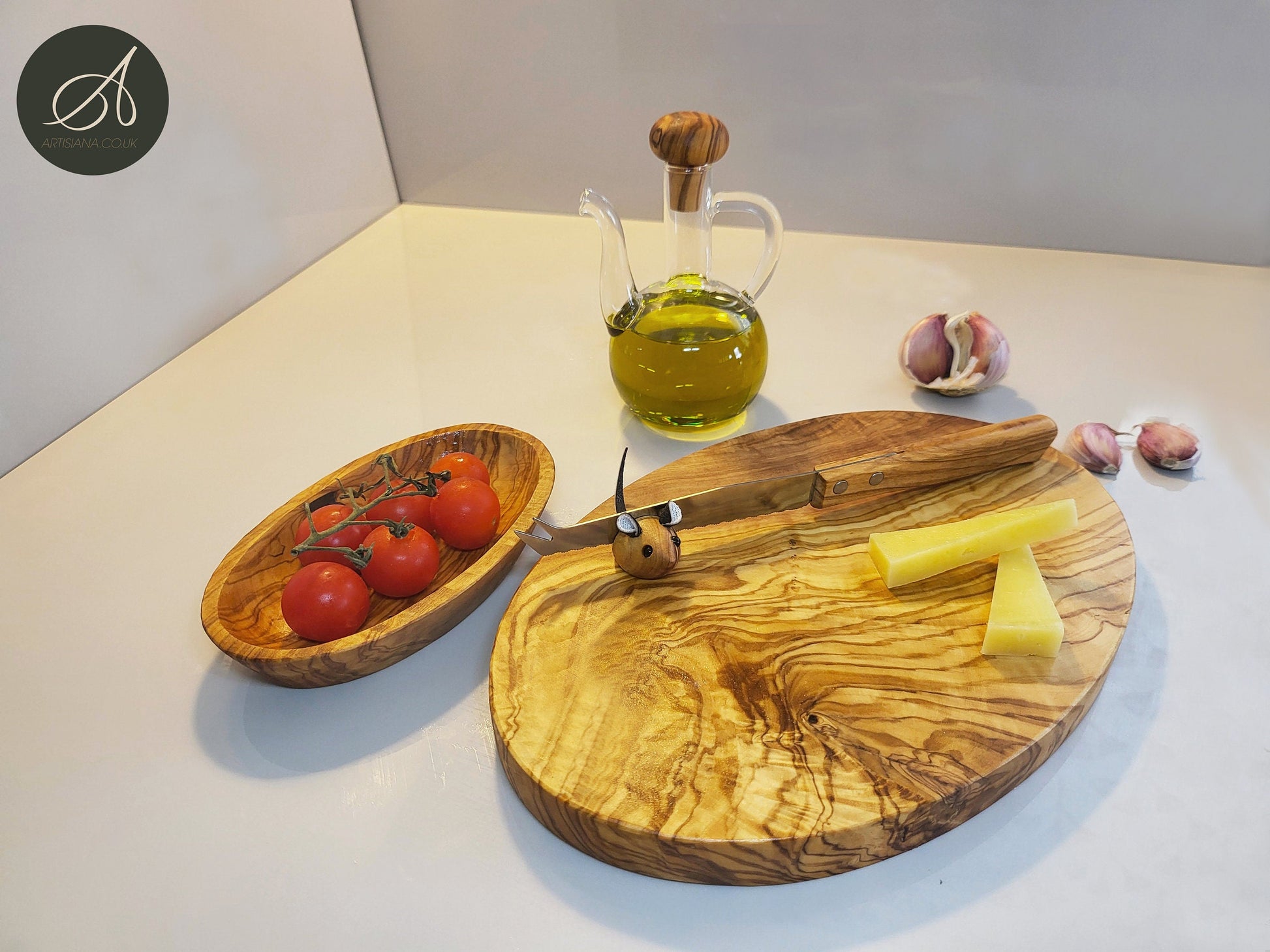 Cheese Lovers Gift Set Bundle | Olive Wood Oval Cutting/Chopping/Cheese Board, Oval Dish, Cheese Knife, Wooden Knife Holder, Oil bottle