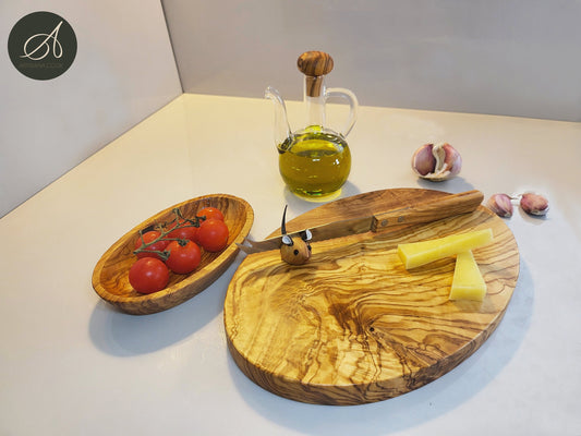 Cheese Lovers Gift Set Bundle | Olive Wood Oval Cutting/Chopping/Cheese Board, Oval Dish, Cheese Knife, Wooden Knife Holder, Oil bottle