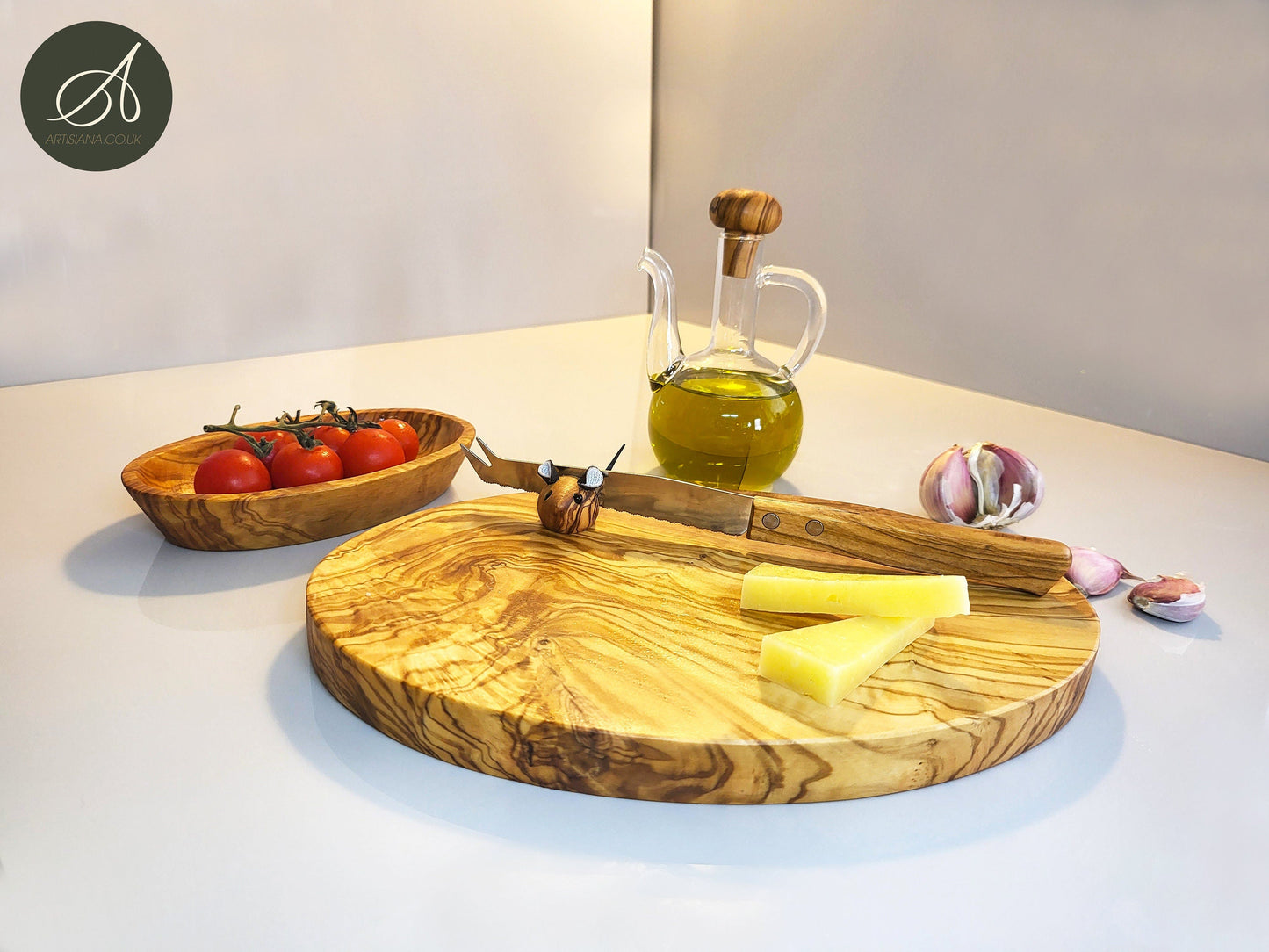 Cheese Lovers Gift Set Bundle | Olive Wood Oval Cutting/Chopping/Cheese Board, Oval Dish, Cheese Knife, Wooden Knife Holder, Oil bottle