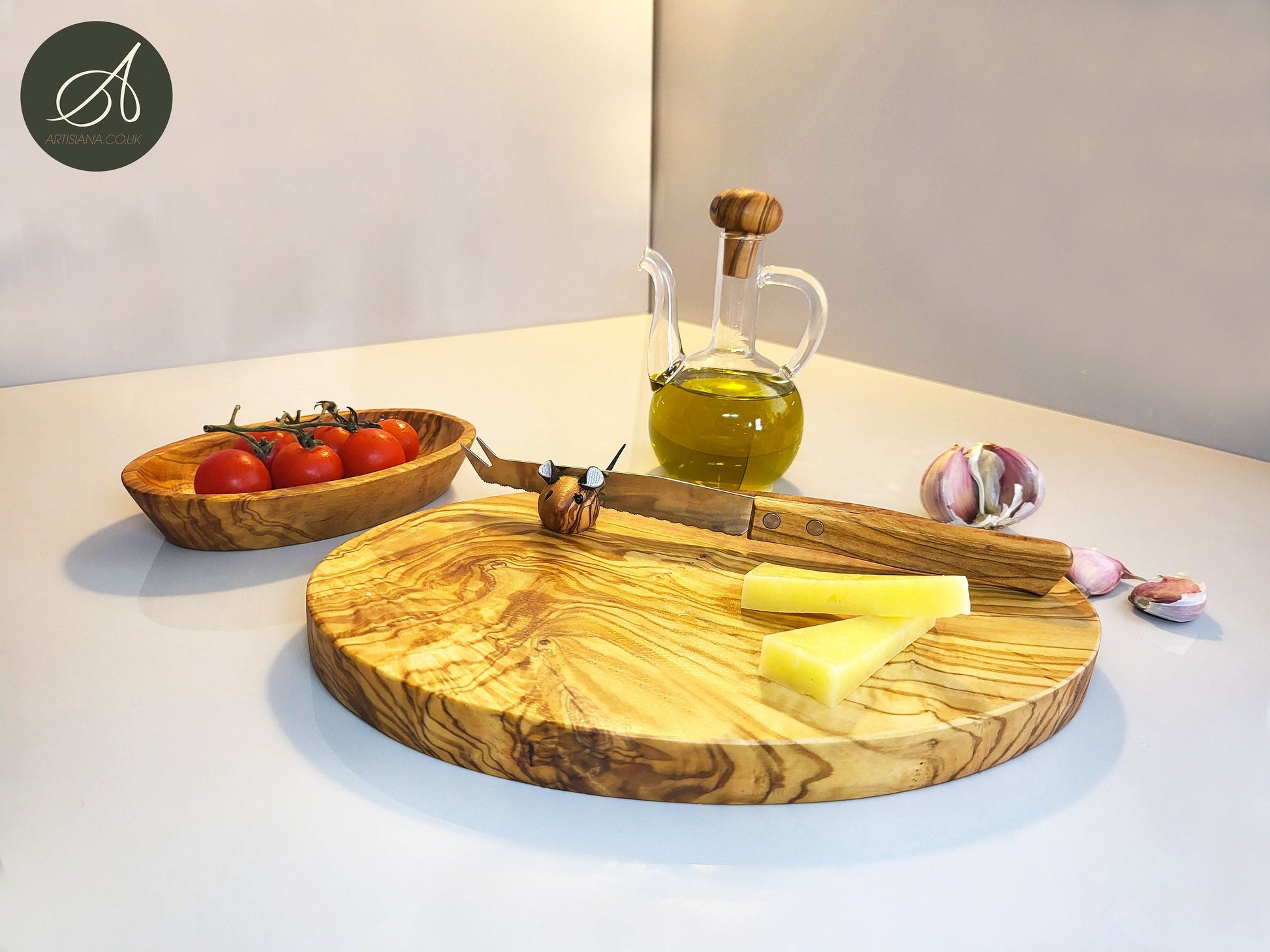 Cheese Lovers Gift Set Bundle | Olive Wood Oval Cutting/Chopping/Cheese Board, Oval Dish, Cheese Knife, Wooden Knife Holder, Oil bottle