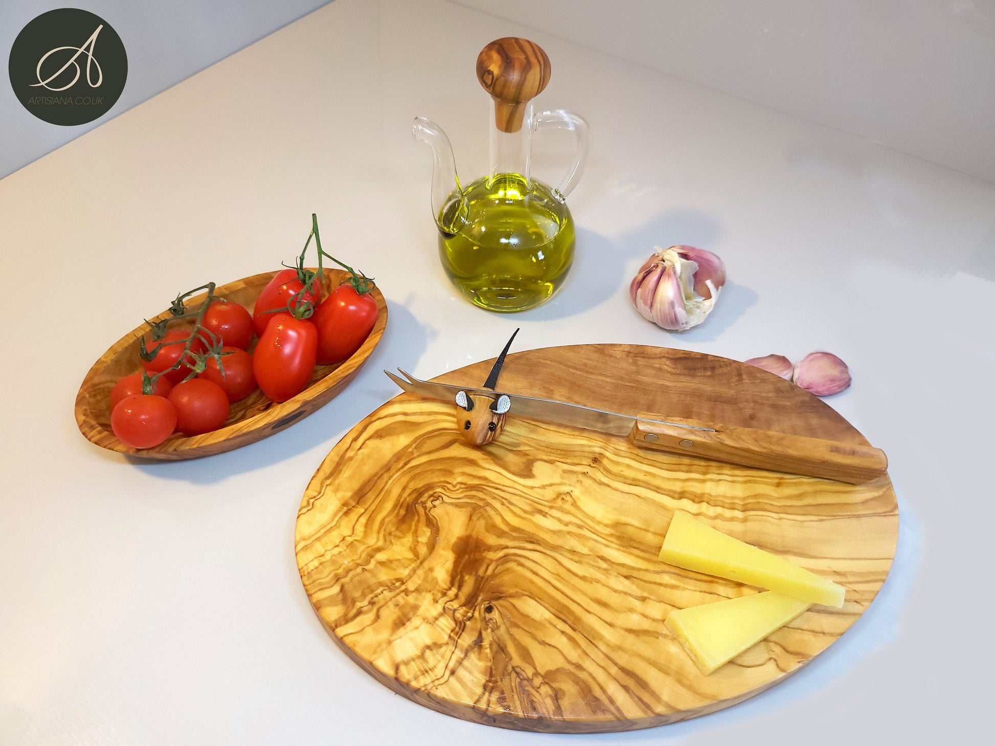 Cheese Lovers Gift Set Bundle | Olive Wood Oval Cutting/Chopping/Cheese Board, Oval Dish, Cheese Knife, Wooden Knife Holder, Oil bottle