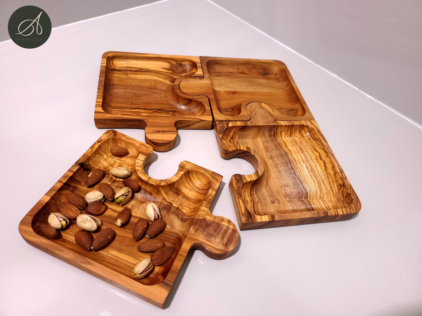 Olive wood puzzle shaped dish , set of 4 dishes, jigsaw shaped pieces, wooden dishes, kitchen, party, restaurant, gift, handmade