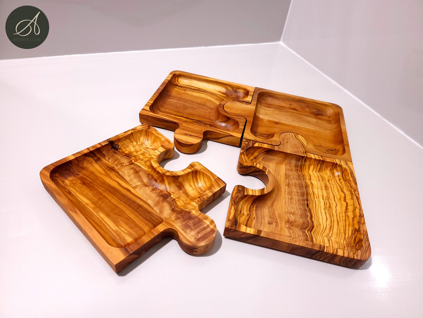 Olive wood puzzle shaped dish , set of 4 dishes, jigsaw shaped pieces, wooden dishes, kitchen, party, restaurant, gift, handmade