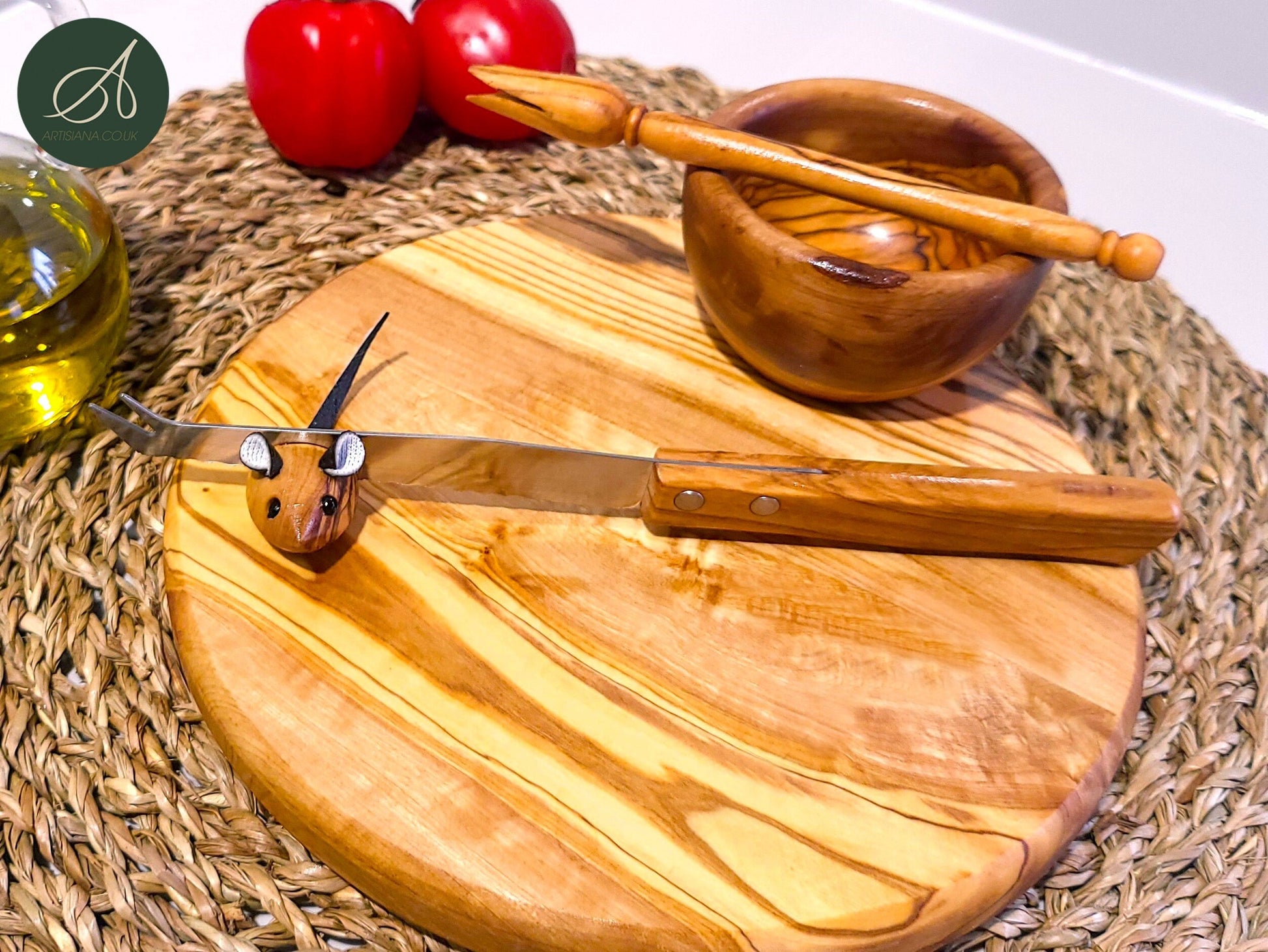 Olive wood set for cheese lover, cheese board, small bwol, olive picker, cheese knife, wood mouse holder, handmade, natural, chef, gift
