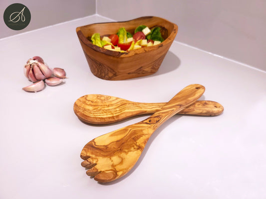 kitchen set, Set of olive wood hand carved Bowl and a cutlery, salad server, salad bowl, rustic handmade, decor, gift