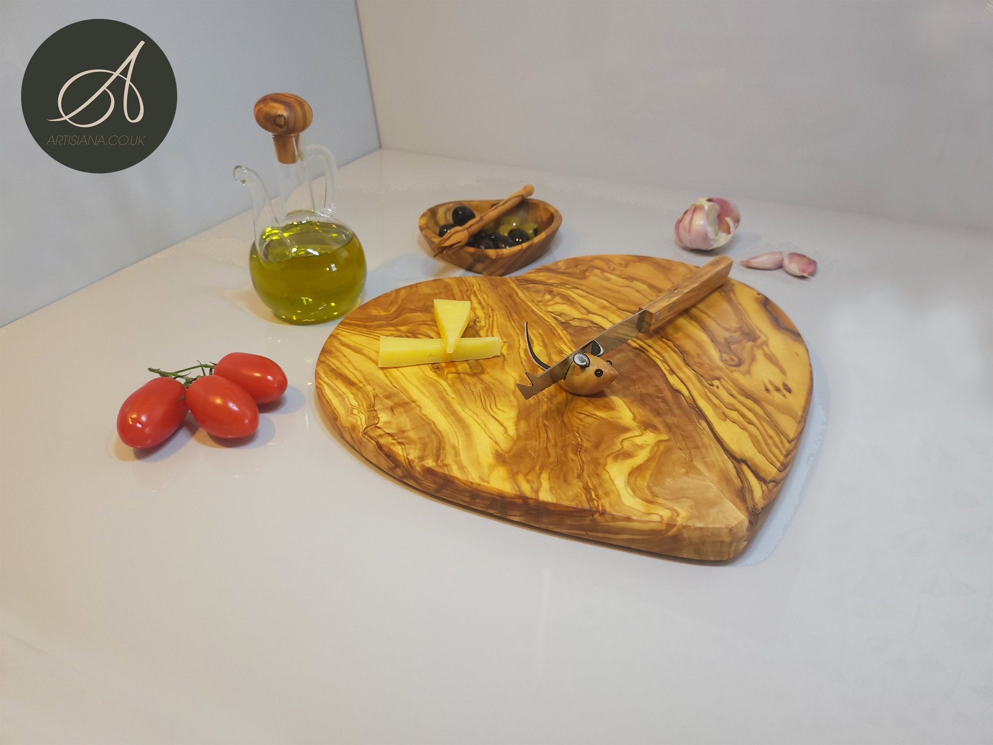 Olive wood Set for cheese lover, heart board and dish, olive picker, cheese knife, knife holder, handmade, romantic, chef, gift