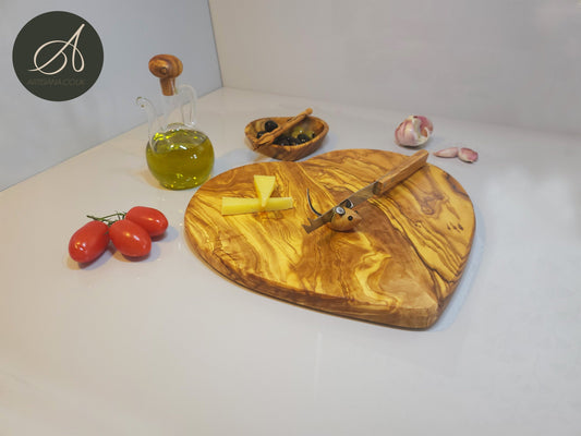 Olive wood Set for cheese lover, heart board and dish, olive picker, cheese knife, knife holder, handmade, romantic, chef, gift