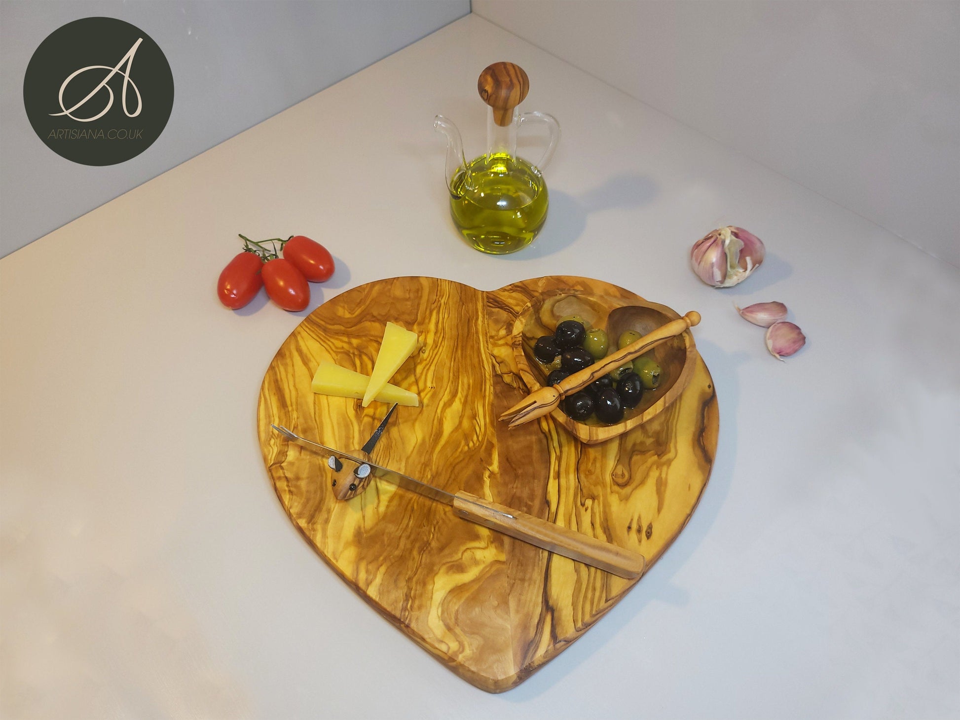 Olive wood Set for cheese lover, heart board and dish, olive picker, cheese knife, knife holder, handmade, romantic, chef, gift