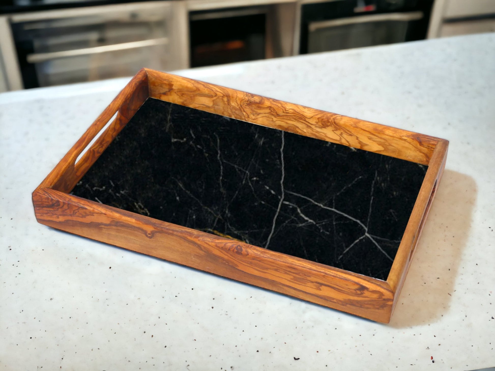 Olive Wood Rectangular Olive Wood Marble effect Tray with Handle