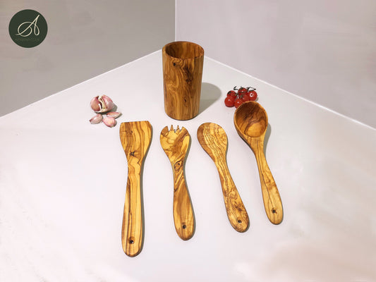 Wooden kitchen set, Round Utensil Holder, Kitchen Utensils, salad server, Ladle, spatula, restaurant, chef, gift