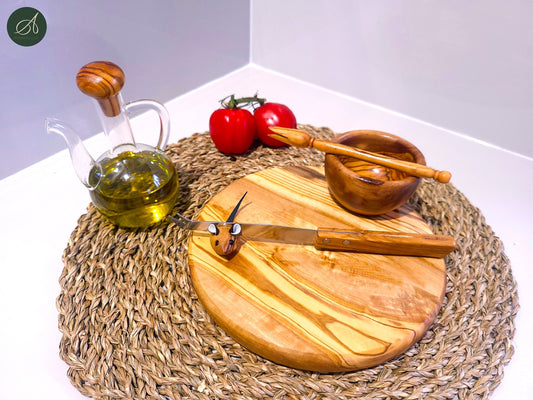 Olive wood set for cheese lover, cheese board, small bwol, olive picker, cheese knife, wood mouse holder, handmade, natural, chef, gift