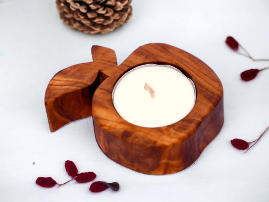 Olive Wood Apple Shaped Candle Holder 8 cm, decor, gift