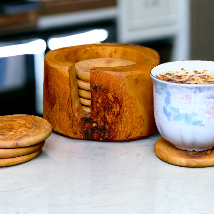 Olive Wood Coaster Set of 6 in Holder 12 cm