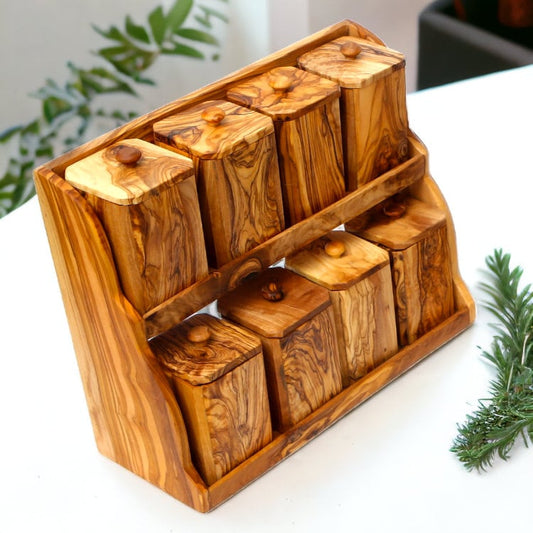 Olive Wood Spice Rack with 8 Bottles and spoons, spice boxes , natural, Sustainably Sourced,Eco-Friendly, handmade, gift