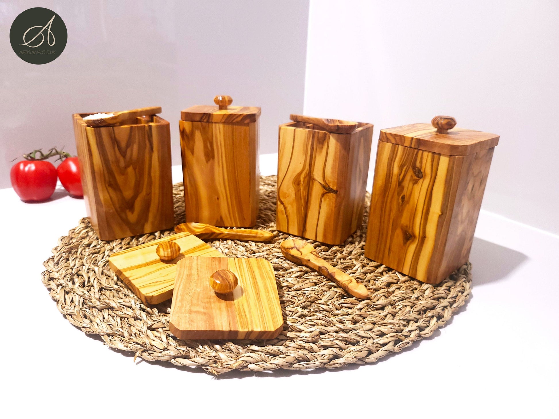 Tea Coffee Sugar Spices Olive Wood Hand Crafted Wooden Jar Container Set of 4 With Lids And Spoons