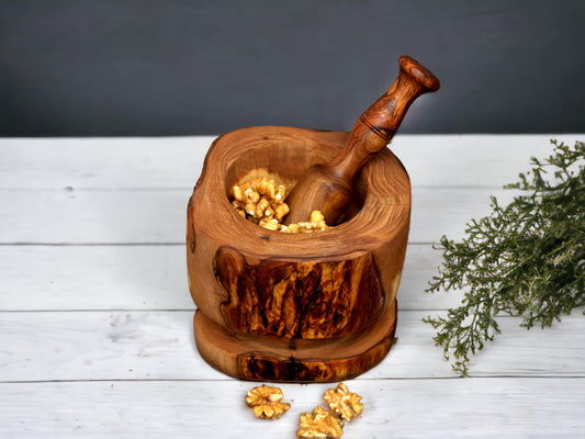 Olive Wood Rustic Mortar & Pestle with Support 13 cm, pestle and mortar, grinding, crushing, gift, christmas