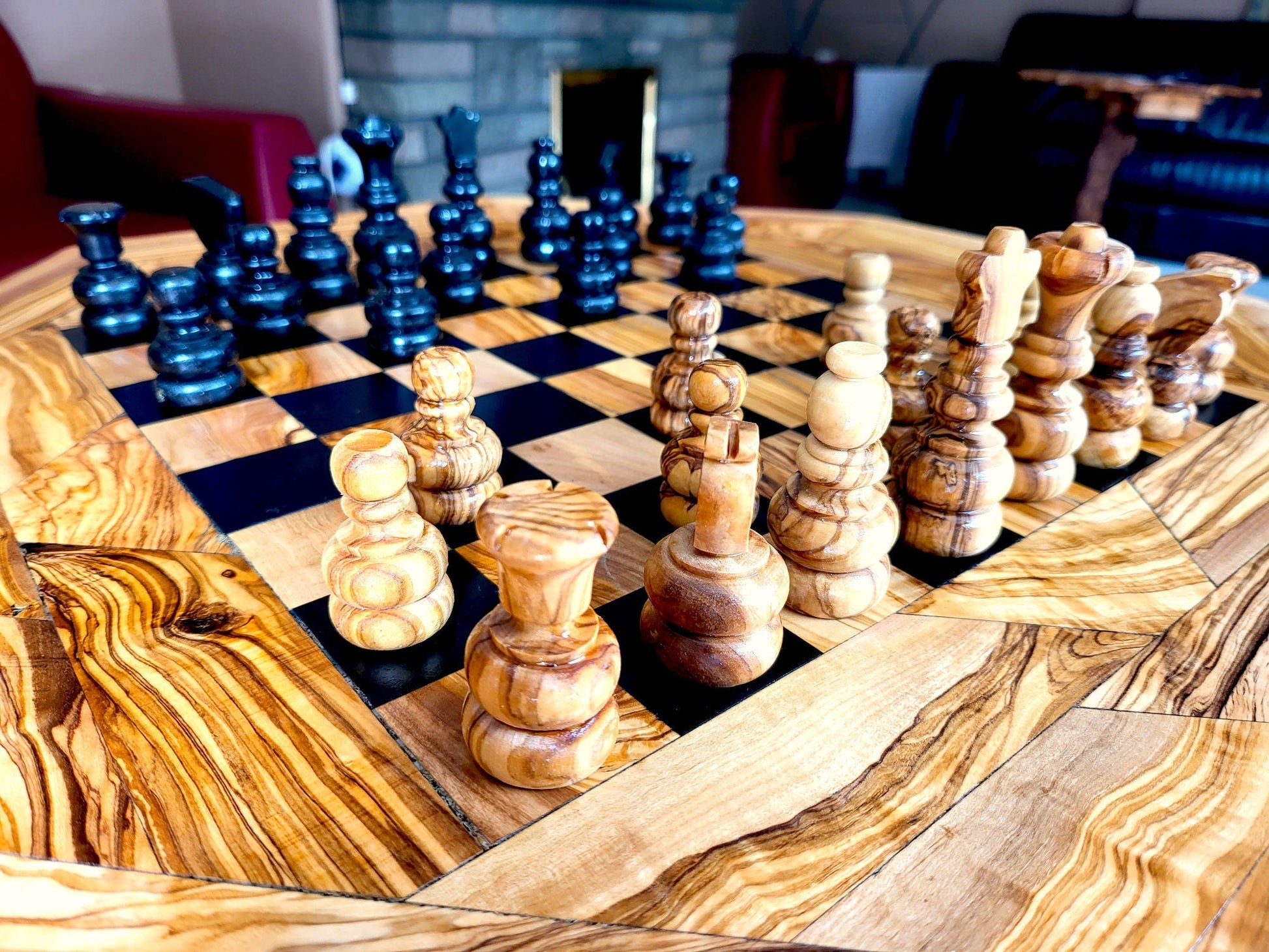 Olive Wood Chess Set 3 Legged Wooden Display Table With Built-In Chess Board | Perfect Gift Idea For Chess And Unique Gift Lovers
